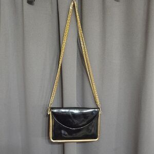Cappagallo Elegant Black/Gold Chain Shoulder/Evening Bag Purse Patent Leather